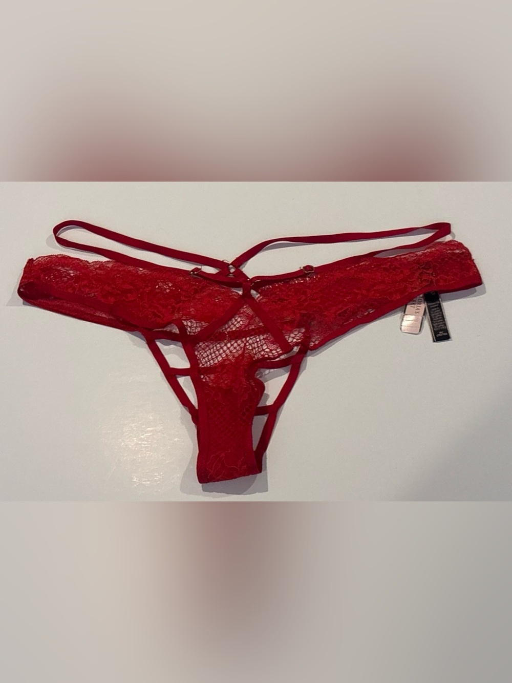Victorias Secret Very Sexy Red Fishnet Floral Thong Brazilian Panties Sz M NEW